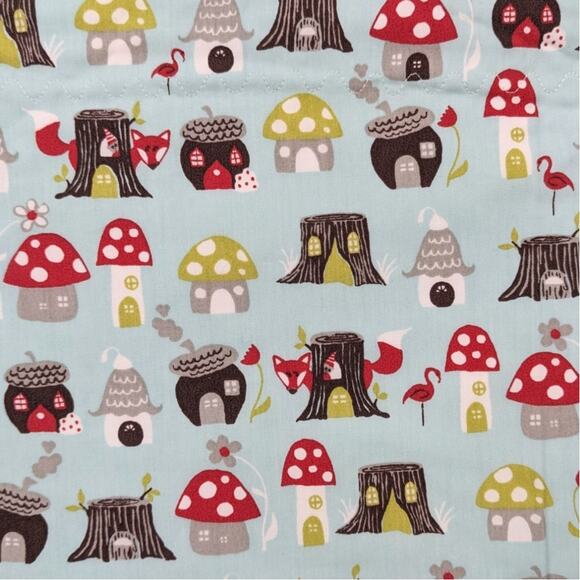 NEW BABY BLANKET Handmade Cotton & Flannel 35x38 Woodland Mushrooms Foxes Fabric - Picture 1 of 6